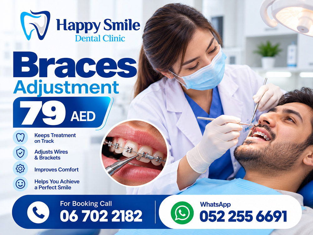 Braces Adjustment for AED 79 at Happy Smile Dental Clinic, New Muwailah, Sharjah. Keeps treatment on track, Adjusts wires and brackets, Improves comfort, Towards a perfect smile.
