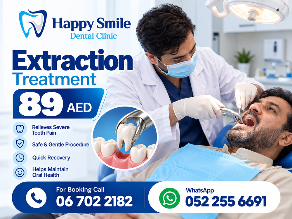 Tooth Extraction for AED 89 at Happy Smile Dental Clinic, New Muwailah, Sharjah. Relieves severe tooth pain, Safe, gentle procedure, Quick recovery, Helps maintain oral health.