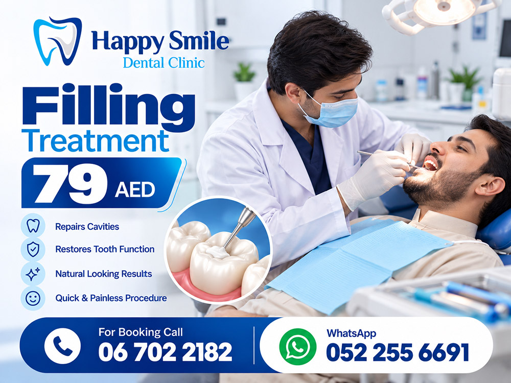 Filling Treatment for AED 79 at Happy Smile Dental Clinic, New Muwailah, Sharjah. Repairs cavities, Restores tooth function, Natural-looking results, Quick, painless procedure.