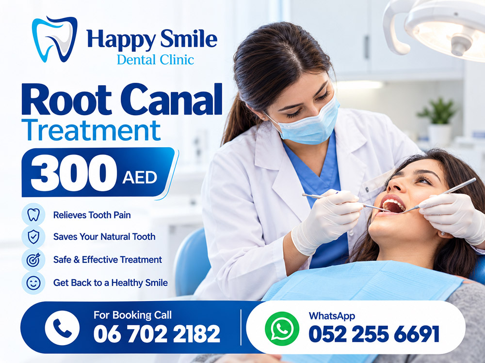 Root Canal Treatment for AED 300 at Happy Smile Dental Clinic, New Muwailah, Sharjah. Relieves tooth pain, Saves your natural tooth, Safe and effective treatment, Back to a healthy smile.