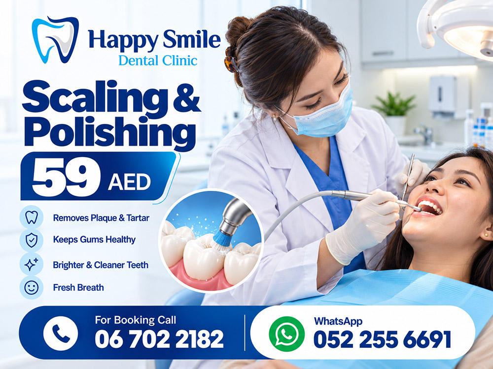 Scaling & Polishing for AED 59 at Happy Smile Dental Clinic, New Muwailah, Sharjah. Removes plaque and tartar, Keeps gums healthy, Brighter, cleaner teeth, Fresh breath.